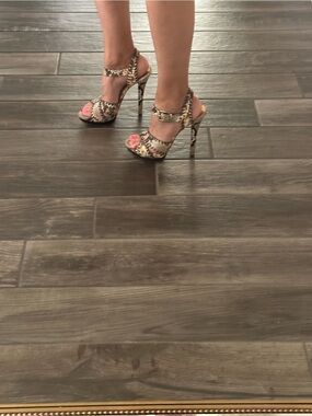 Michael Kors Snake-Print High Heel Sandals in Beige and Black